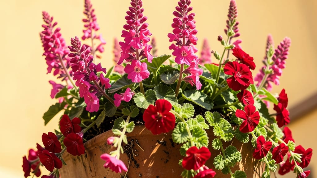 Hot Pink Salvia and Red Geraniums