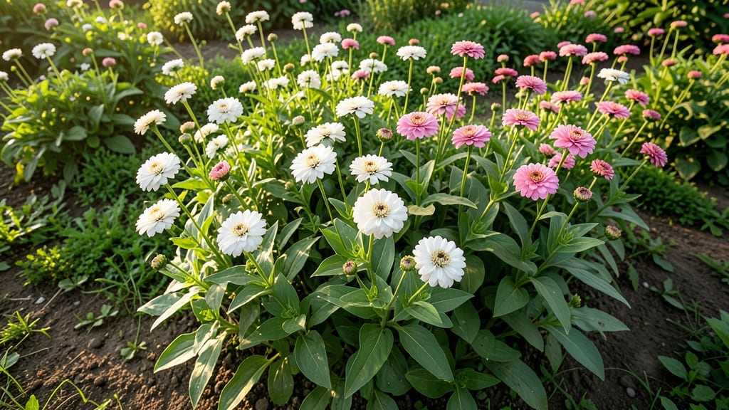 White and Pink Zinnias with Green Foliage