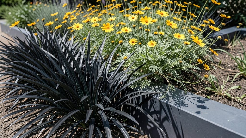 Sunny Yellow Coreopsis with Black Mondo Grass